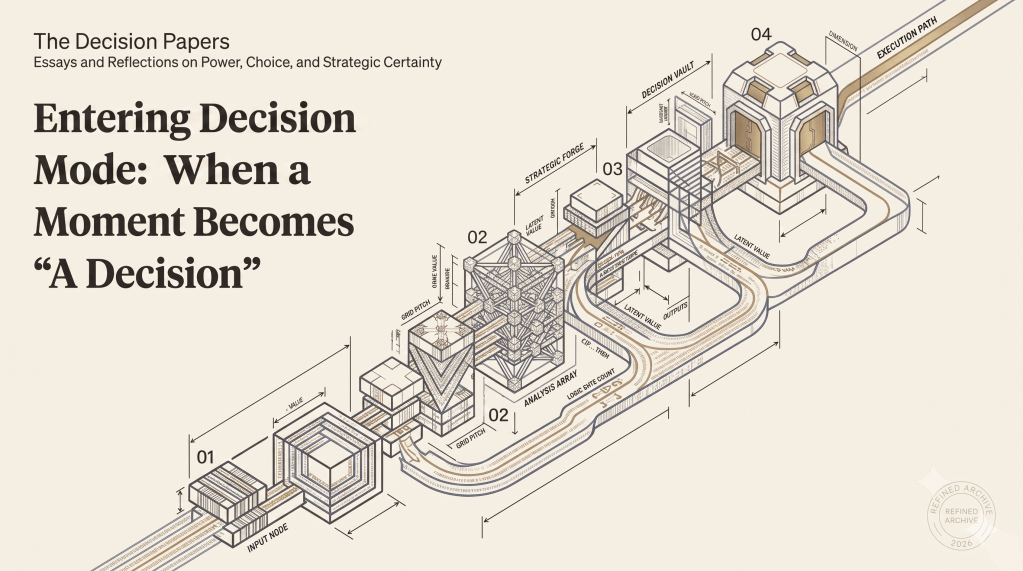 The Decision Papers — Entering Decision Mode: When a Moment Becomes “A Decision”. Banner with an isometric technical drawing of interlocking machinery.