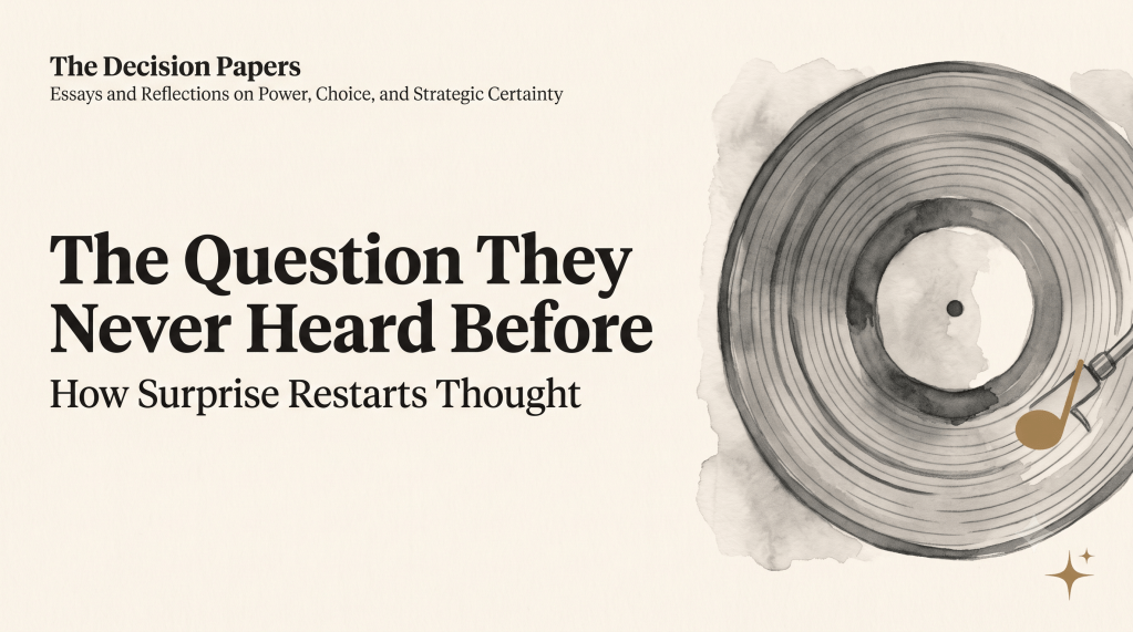 The Decision Papers — The Question They Never Heard Before: How Surprise Restarts Thought. Banner with a vinyl record in ink wash, evoking a room replaying its rehearsed script.