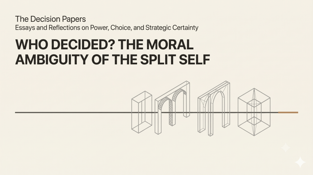 The Decision Papers — Who Decided?: The Moral Ambiguity of the Split Self. Banner with an architectural line drawing of a divided structure.