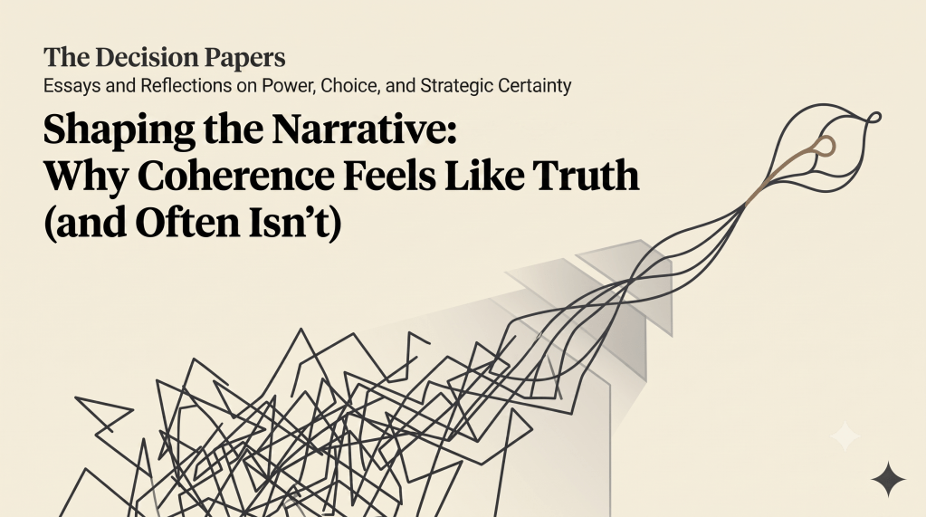 The Decision Papers — Shaping the Narrative: Why Coherence Feels Like Truth (and Often Isn't). Banner with tangled ink threads being combed into smooth lines.