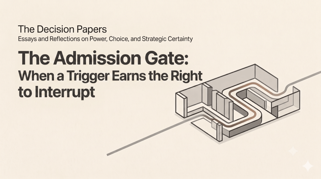 The Decision Papers — The Admission Gate: When a Trigger Earns the Right to Interrupt. Banner with a line drawing of a gate structure.