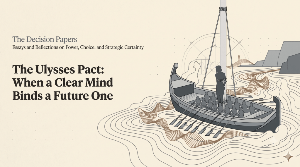 The Decision Papers — The Ulysses Pact: When a Clear Mind Binds a Future One. Banner with an ink drawing of Odysseus bound to the mast of his ship.