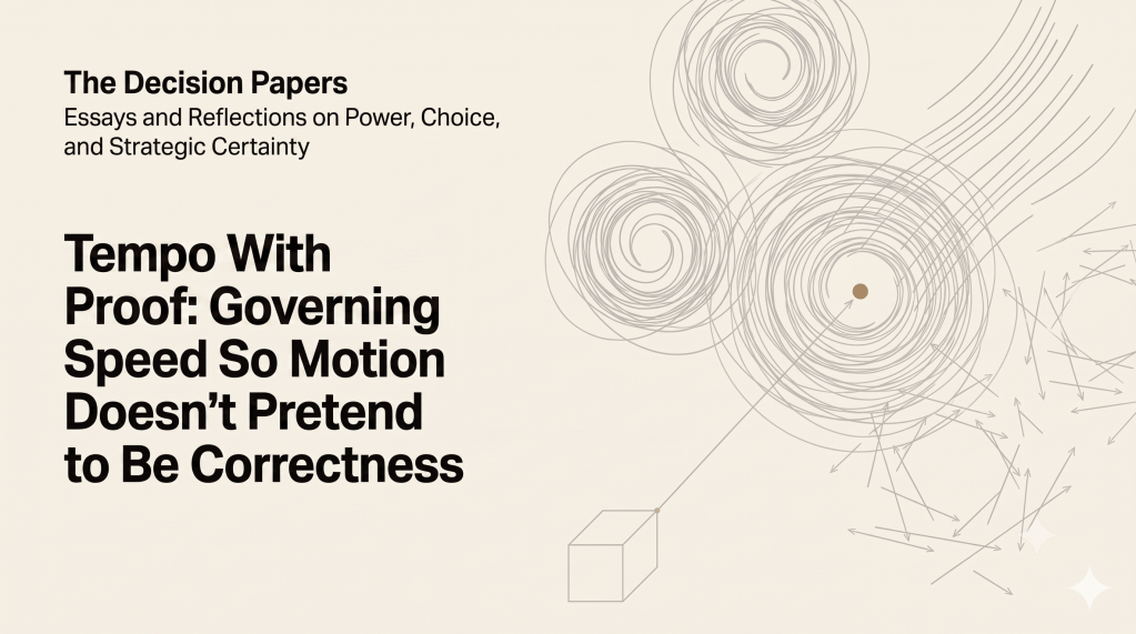 The Decision Papers — Tempo With Proof: Governing Speed So Motion Doesn't Pretend to Be Correctness. Banner with concentric mechanical gears in ink.