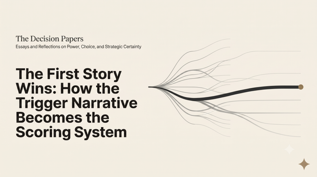 The Decision Papers — The First Story Wins: How the Trigger Narrative Becomes the Scoring System. Banner with branching ink lines converging into a single path.