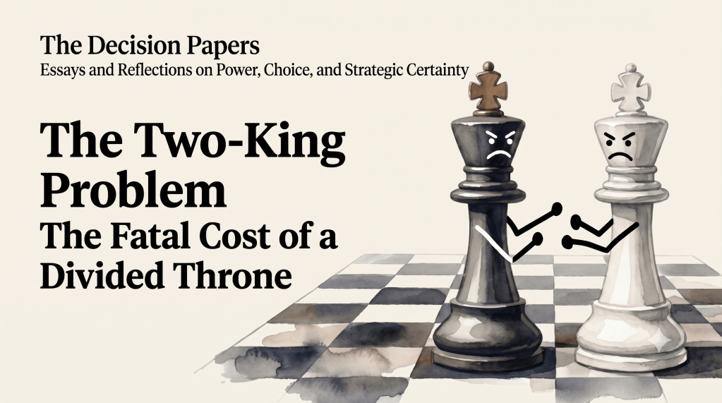 The Decision Papers — The Two-King Problem: The Fatal Cost of a Divided Throne. Banner with two chess kings facing each other on a chessboard.