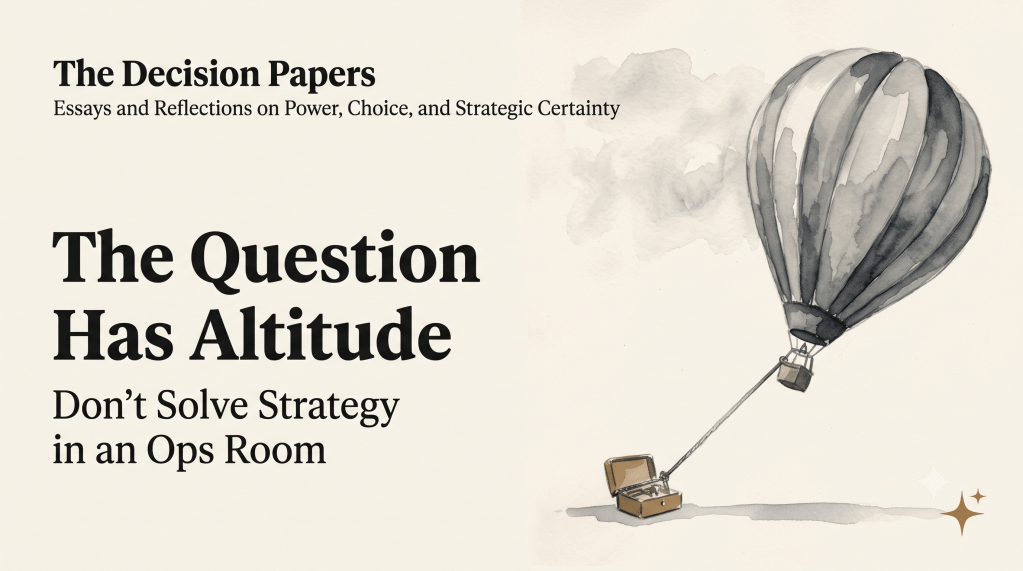 The Decision Papers — The Question Has Altitude: Don't Solve Strategy in an Ops Room. Banner with a watercolor hot air balloon rising above the ground.