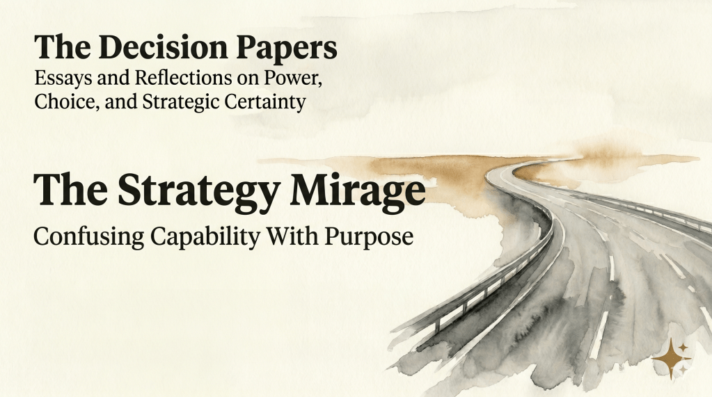 The Decision Papers — The Strategy Mirage: Confusing Capability With Purpose. Banner with a watercolor road receding toward the horizon.