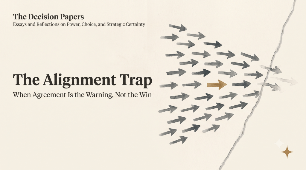 The Decision Papers — The Alignment Trap: When Agreement Is the Warning, Not the Win. Banner with a flock in perfect formation while one arrow breaks away.