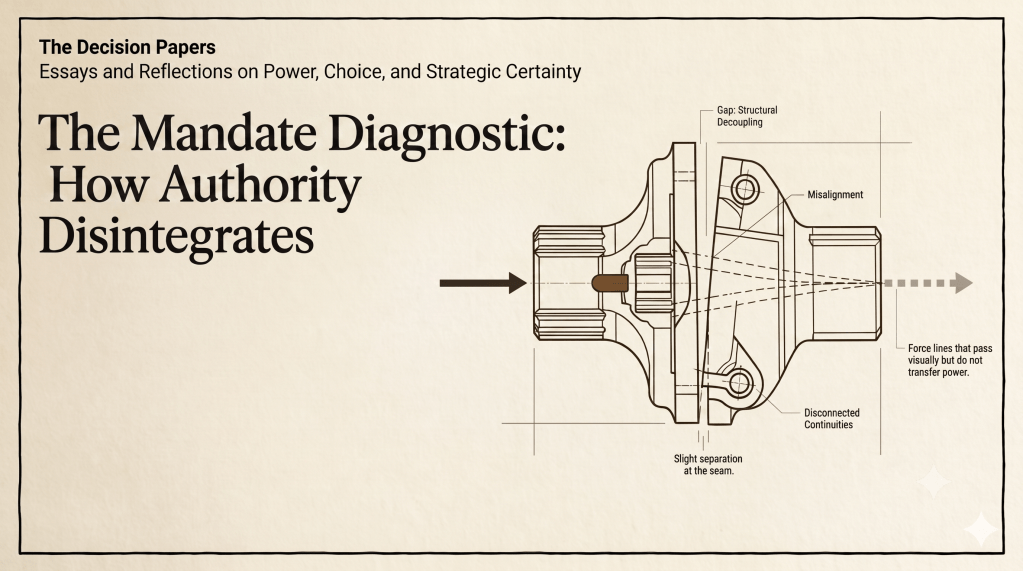 The Decision Papers — The Mandate Diagnostic: How Authority Disintegrates. Banner with a technical diagram of a mechanical joint.