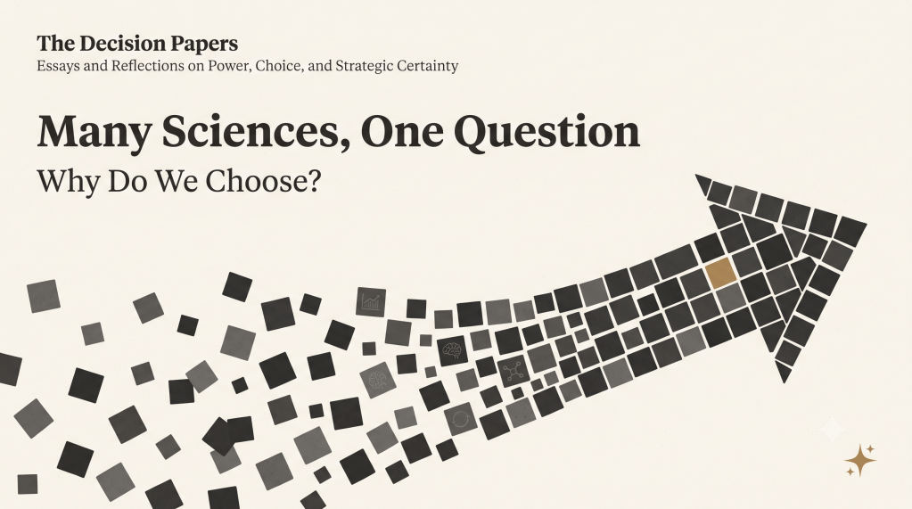 The Decision Papers — Many Sciences, One Question: Why Do We Choose? Banner with a mosaic of gray squares forming an arrow.