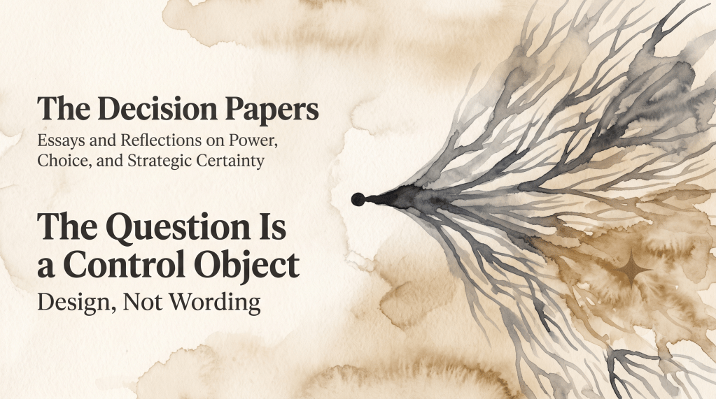 The Decision Papers — The Question Is a Control Object: Design, Not Wording. Banner with branching ink lines converging into a single stem.