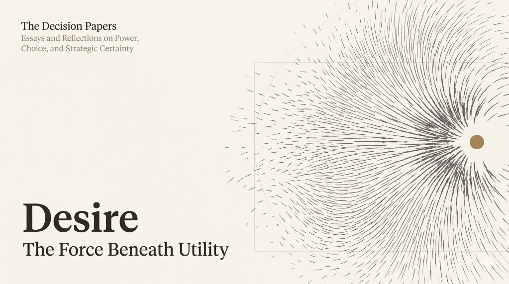 The Decision Papers — Desire: The Force Beneath Utility. Banner with a radiating ink vortex of fine lines pulling toward a hidden center.