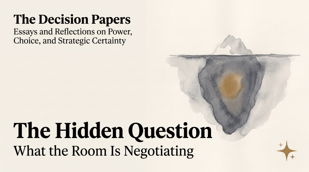 The Decision Papers — The Hidden Question: What the Room Is Negotiating. Banner with a watercolor eye motif above layered strata, suggesting what sits beneath the surface of a debate.