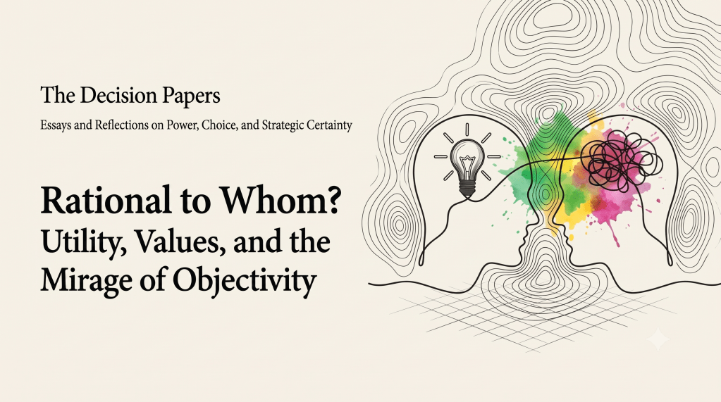 The Decision Papers — Rational to Whom?: Utility, Values, and the Mirage of Objectivity. Banner with a human head profile containing a maze and a green watercolor thought.